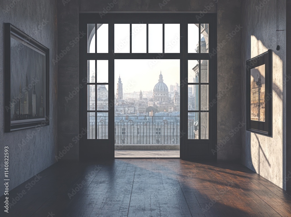 Aufkleber a modern room with large windows showcasing a cityscape view and framed artwork.