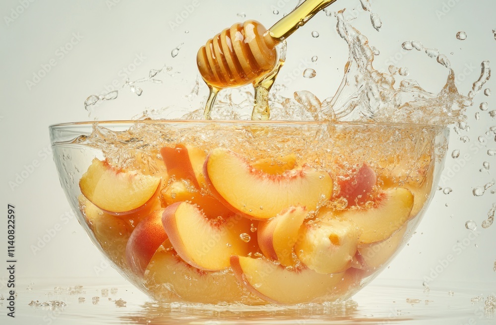 Poster a bowl of peach slices splashes as honey drizzles over them, creating a refreshing scene.