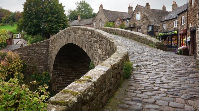Medieval stone bridge in a quaint village, with cobbled streets and small shops nearby