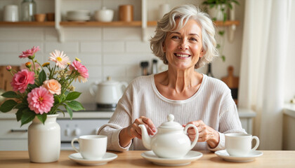 Smiling senior woman preparing tea in a cozy kitchen.