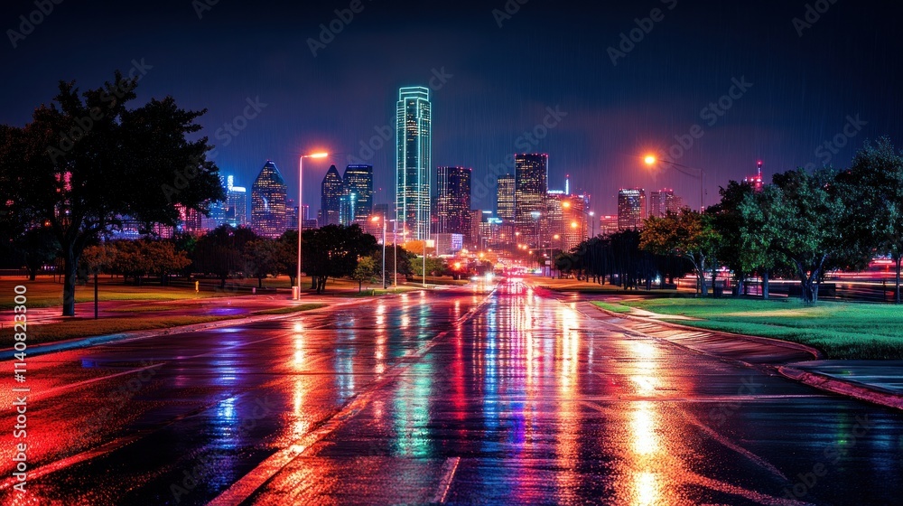Poster nighttime cityscape with reflections on wet pavement and illuminated skyline.