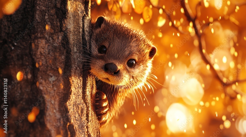 Poster a curious otter peeks from behind a tree in a warm, autumnal setting filled with golden leaves.