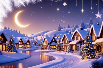 Fototapeta premium Magical Christmas Night Landscape with Festive Decoration, Christmas Night Wallpaper, Christmas Night Landscape Background, Christmas Wallpaper, Christmas Background