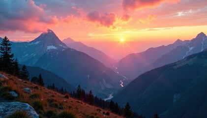 Mountain Landscape Nature Calm Sunrise Misty Mountains, dawn, peaks, peaceful