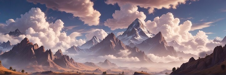 Mountainous region with a multitude of clouds, clouds, rustic charm , serene valleys