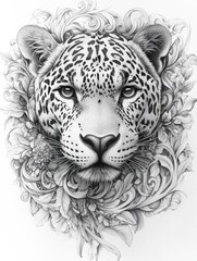 Fototapeta premium Majestic jaguar emerging from floral flourishes in black and white
