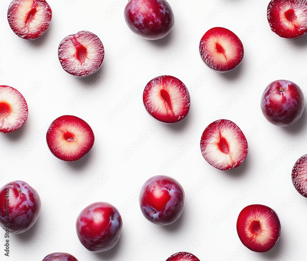 Poster a flat lay of whole and halved red plums on a white background.