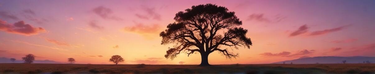 Oak tree against a vast expanse of clear blue sky with orange and pink hues of sunset, natural beauty, outdoor scene