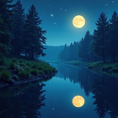 Nighttime scene with a glowing moon and stars reflected on the calm surface of a river in a peaceful forest, reflection, forest