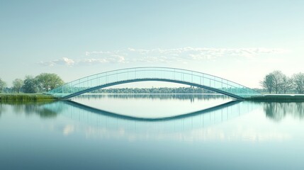 Minimalist glass bridge over a calm lake, with reflections shimmering in the water