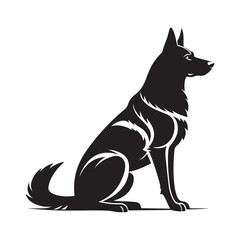 German Shepherd Silhouette Vector in a sitting, alert and guarding in a strong pose on white background