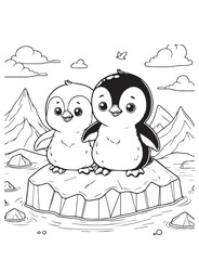 Obraz premium Coloring page education kid cute penguin in rock ice nature 