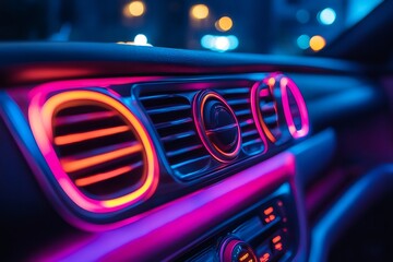 Futuristic car interior glowing with neon lights at night