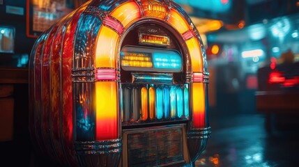 Obraz premium Vintage Jukebox in Neon-Lit Nightclub: A Blast from the Past