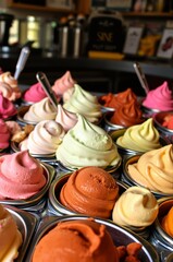 Colorful Assortment of Artisanal Ice Creams in Metal Bowls
