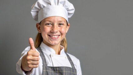 A girl in an apron and a chef's hat shows thumb up on a gray background. The concept of children's cooking master classes