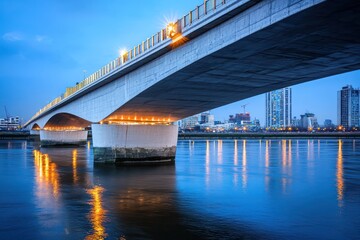 Massive concrete bridge with a modern design, crossing a wide river with city lights reflecting on the water