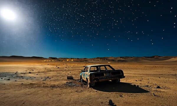Abandoned vintage car in a desolate landscape under a starry night sky, showcasing the beauty of solitude and nature's vastness in a remote desert setting