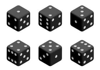 Black dice with white dots. Vector set isolated on white background. 3d dice.