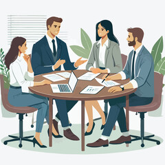 Partners meeting for business discussion with documents and laptop on desk. Couple at round table, speaking, discussing work, partnership. Flat vector on a white background