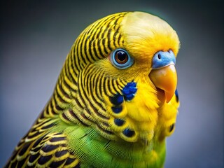 Fototapeta premium Yellow Budgie Portrait Photography: Cute Pet Bird Close Up, Vivid Colors, Feathery Details