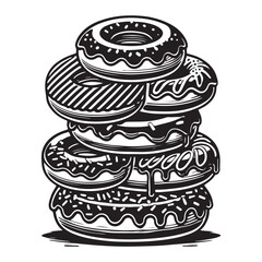 Donut Stack Silhouette Vector Illustration, Solid White Background.