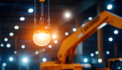 A glowing industrial light hangs from chains, illuminating a warehouse scene with a crane in the background, showcasing equipment and a dynamic work environment.