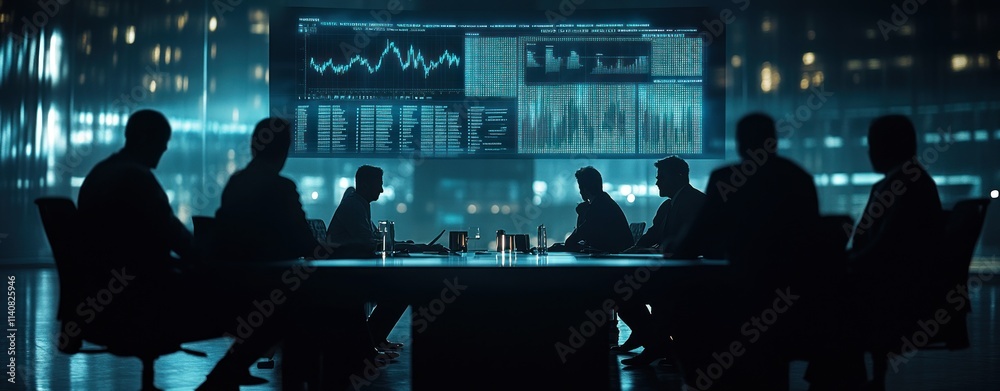 Aufkleber a group of individuals in a dark conference room, analyzing data on a large screen.