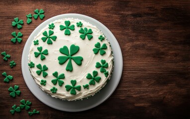 A festive cake decorated with green shamrocks, perfect for St. Patrick"s Day celebrations, set on a rustic wooden surface.