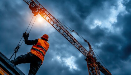 Fototapeta premium A construction worker operates a crane against a dramatic sky, highlighting the blend of industry and nature during twilight.