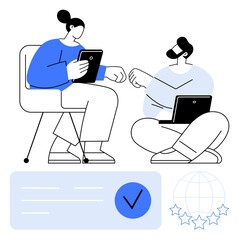 Two colleagues using tablets and laptop while fist bumping. Icons below include checkmark, globe and stars symbols. Ideal for teamwork, office collaboration, tech usage, communication themes. Line