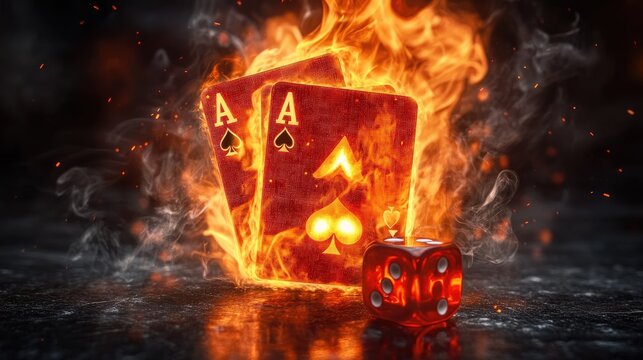 Pair of aces burning in flames with dice and smoke: poker game addiction concept