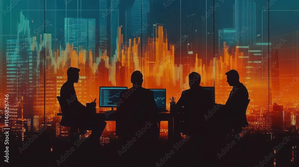 Poster silhouetted figures in a meeting with digital data visuals in a cityscape background.