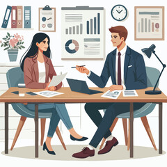 Partners meeting for business discussion with documents and laptop on desk. Couple at round table, speaking, discussing work, partnership. Flat vector on a white background