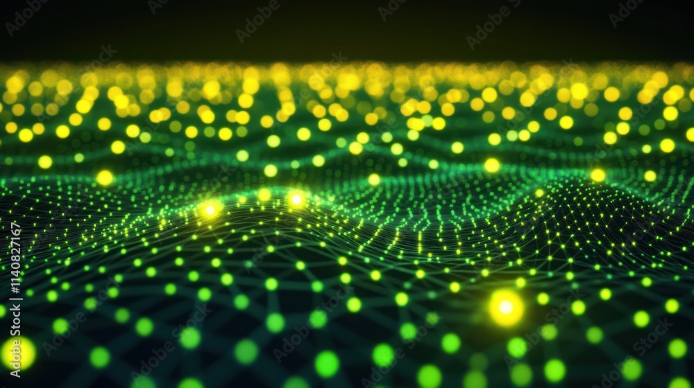 Poster a digital landscape of glowing green and yellow dots, resembling a network or data visualization.