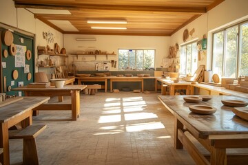 Sunny woodshop, tables, bowls, and woodworking tools.