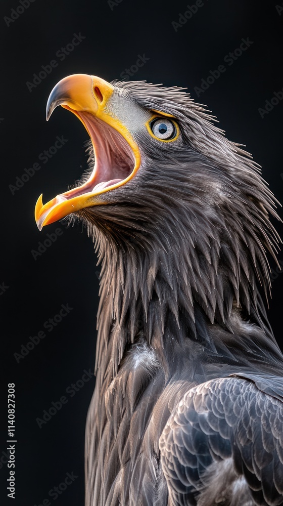 Poster a close-up of a majestic eagle with its beak open, showcasing its vibrant features.