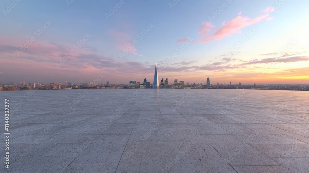 Poster a panoramic view of a city skyline at sunset with a vast empty foreground.