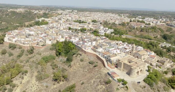 Panoramic aerial view of the historic center of the town of Bernalda, in the province of Matera, Basilicata, Italy. It is a traditional Italian village.