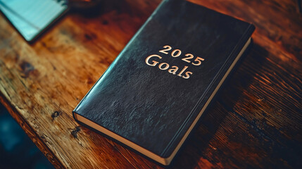 A black notebook with "2025" written on it, goals for the year 2025, the upcoming year, inspirational goals, goals of change, or goals of other things