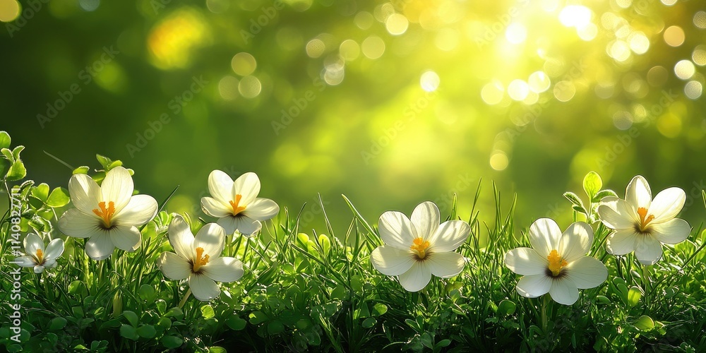 Wall mural Beautiful white crocuses blooming in spring grass under warm sunlight