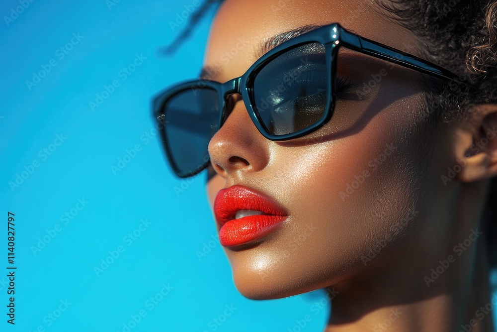 Poster Fashion model wearing stylish sunglasses and red lipstick posing under blue sky