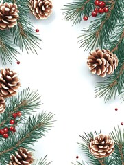 Christmas card. Holidays background, invitation. Winter fir pine branches, pinecones floral border. Christmas, xmas banner template