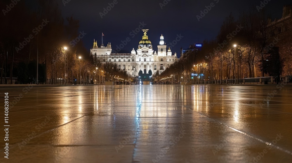 Poster nighttime view of a grand building reflecting on a wet pavement.
