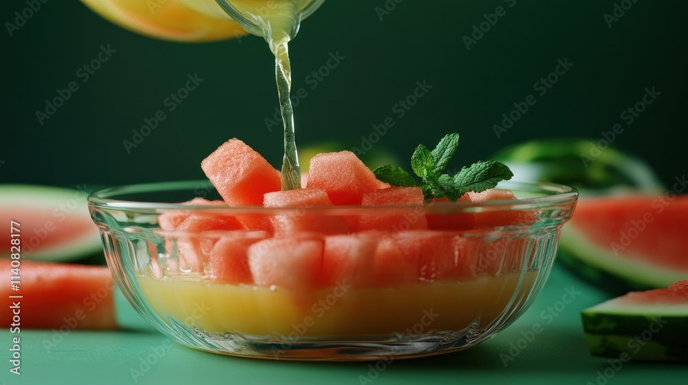 Poster fresh watermelon cubes in a bowl with a citrus drizzle and mint garnish.