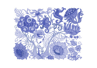 Fantasy, alien hypnotic flowers, decorative flowers and leaves. Cartoon style. Millefleurs trendy floral design. Clip art, set of elements for design Outline hand drawing vector illustration.