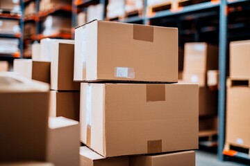 Stacked cardboard boxes in a bustling warehouse during daylight hours