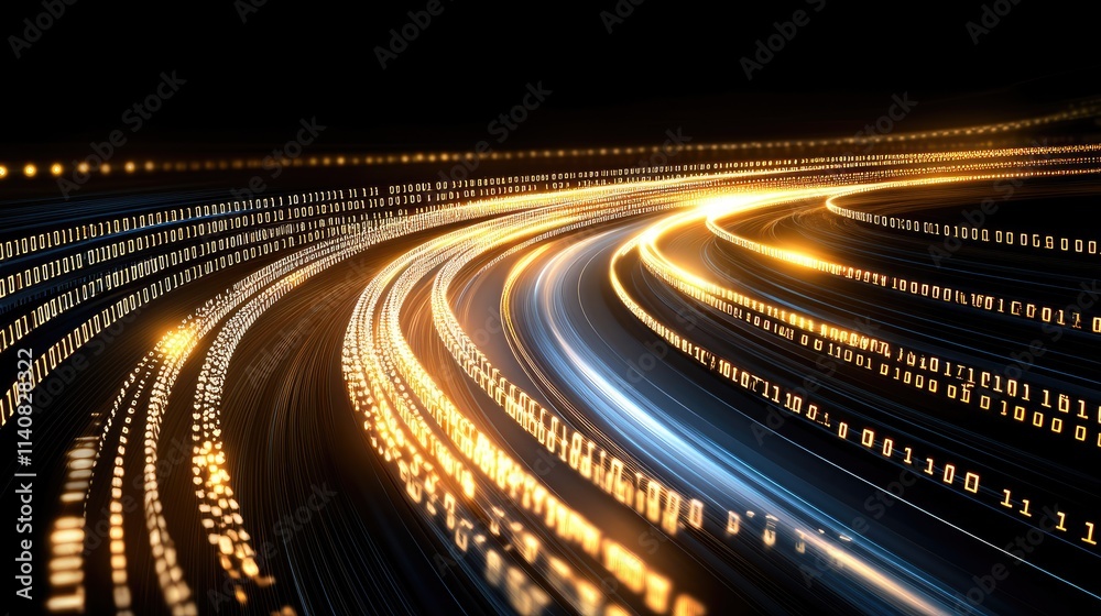 Poster illustration of digital data transfer with binary code and glowing dots, featuring a cyber tech them