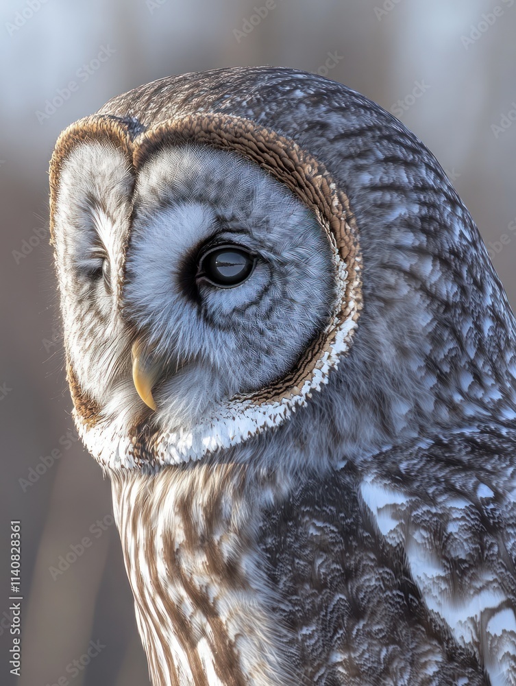 Poster a close-up of a majestic owl showcasing its intricate feathers and striking features.