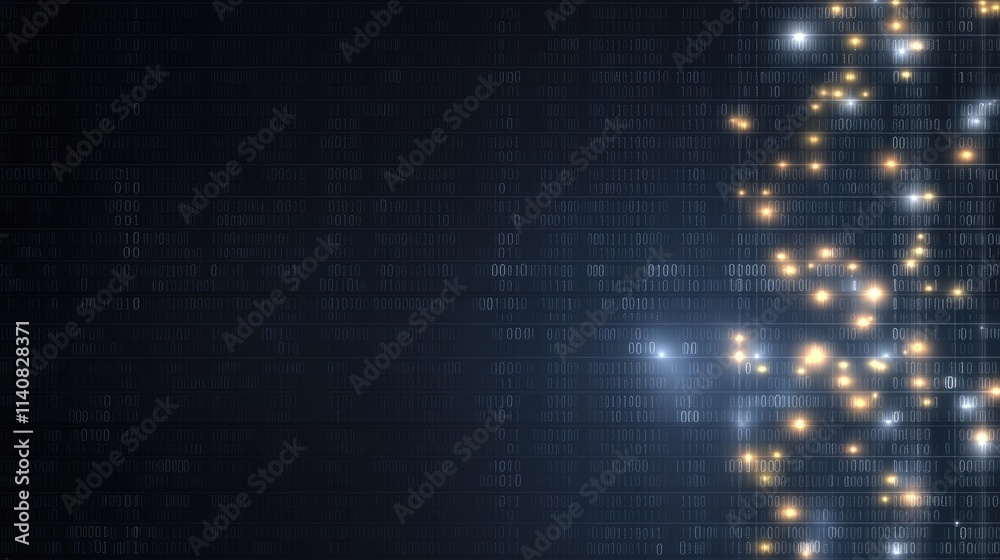 Poster illustration of digital data transfer with binary code and glowing dots, featuring a cyber tech them